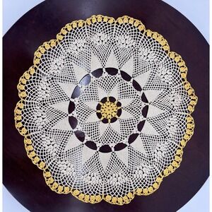 Vintage Hand Crochet Doily 17" Round Cream Mustard Gold Floral Scalloped